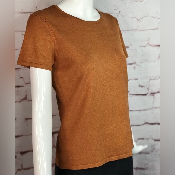 JONES NY PETITE MEDIUM Silk fine ribbed knit caramel brown short sleeve top MP - Picture 9 of 12